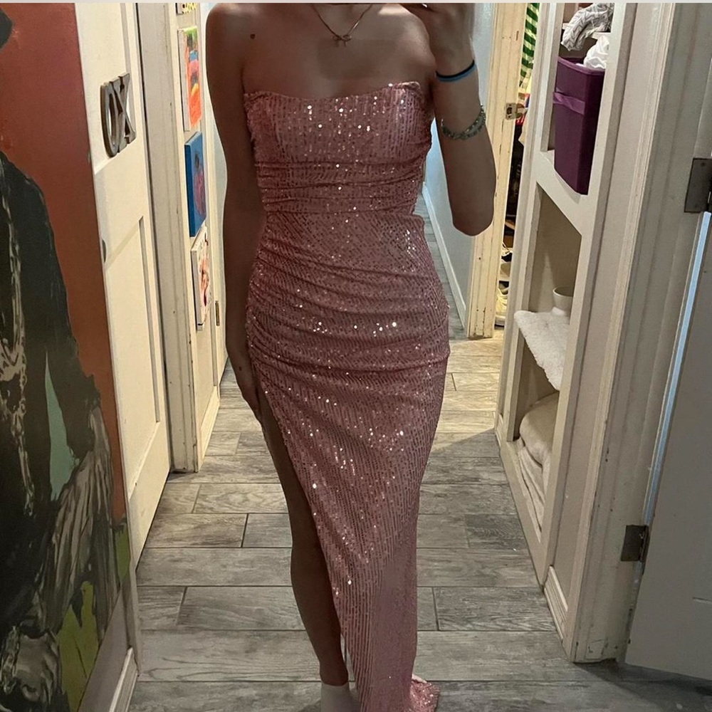 Lucy in the sky pink sequin Strapless maxi Dress